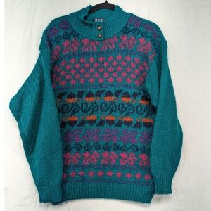 Vintage OHI Acrylic Knit Sweater Teal Purple Patterned Mock Neck Pullover